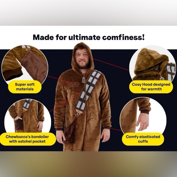 Star wars chewbaca Brown Furry Hooded Onesie with Bandolier Accent - Picture 2 of 10